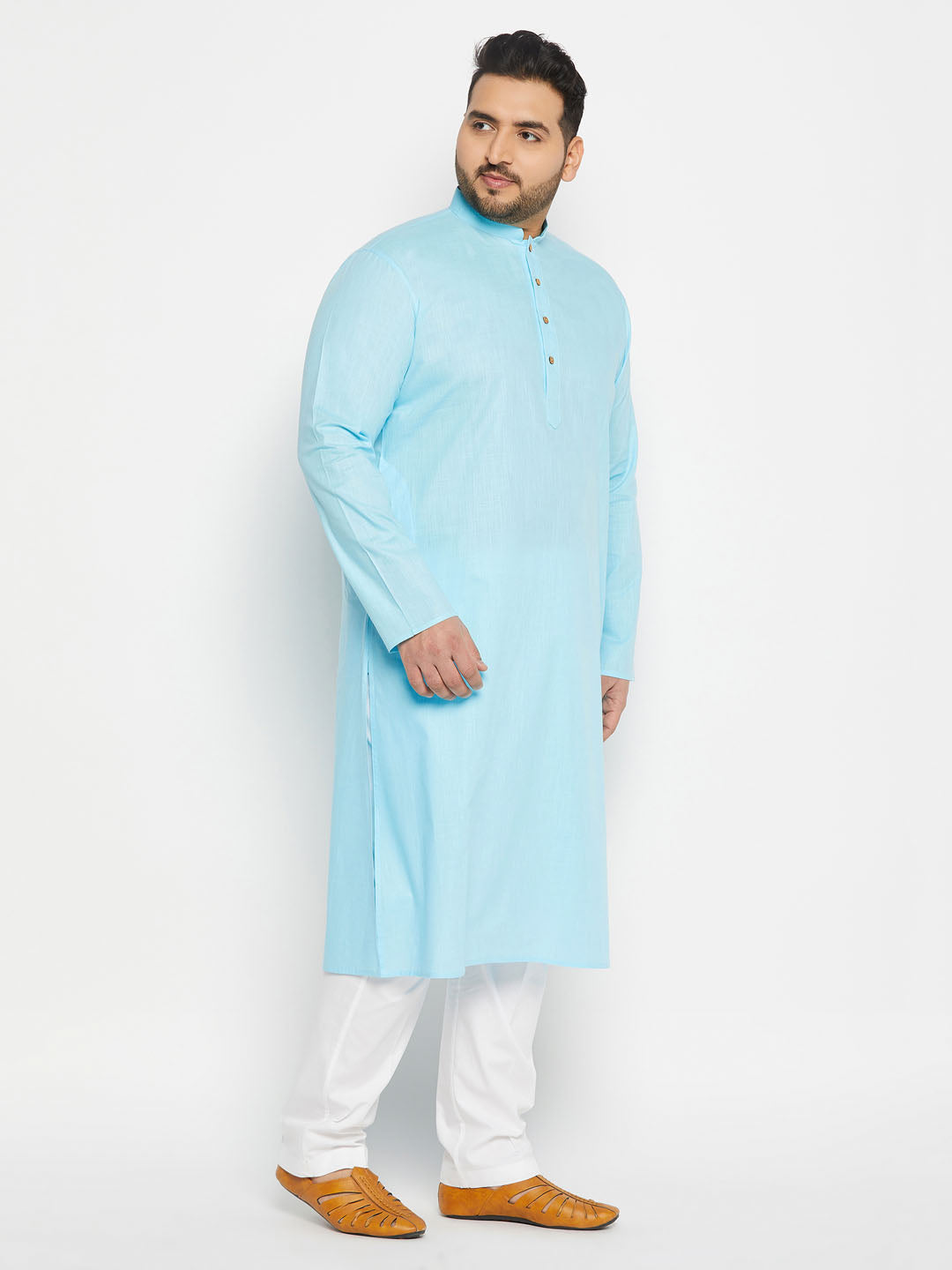 Men's Plus Size Aqua Blue Cotton Kurta And Cotton Pant Style Pyjama Set