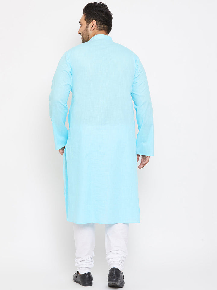 Men's Plus Size Aqua Blue Cotton Kurta And Pyjama Set