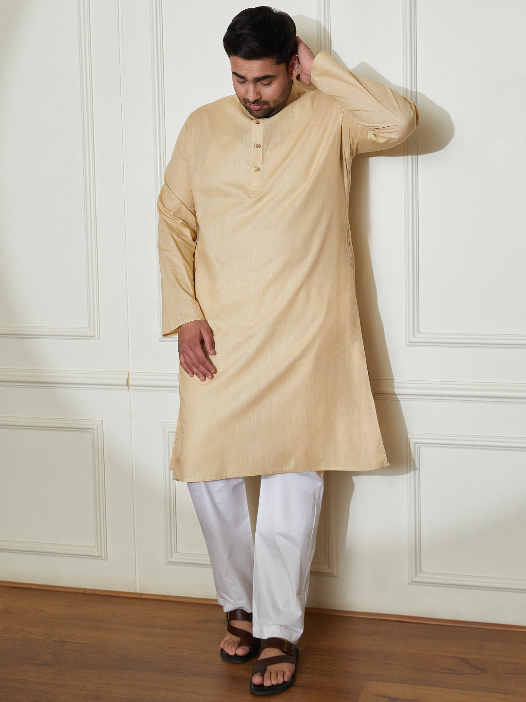 Plus Men's Beige Cotton Linen Kurta