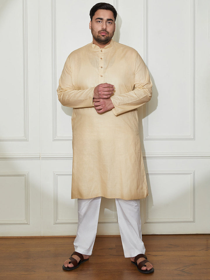 Plus Men's Beige And White Cotton Linen Kurta Pyjama Set
