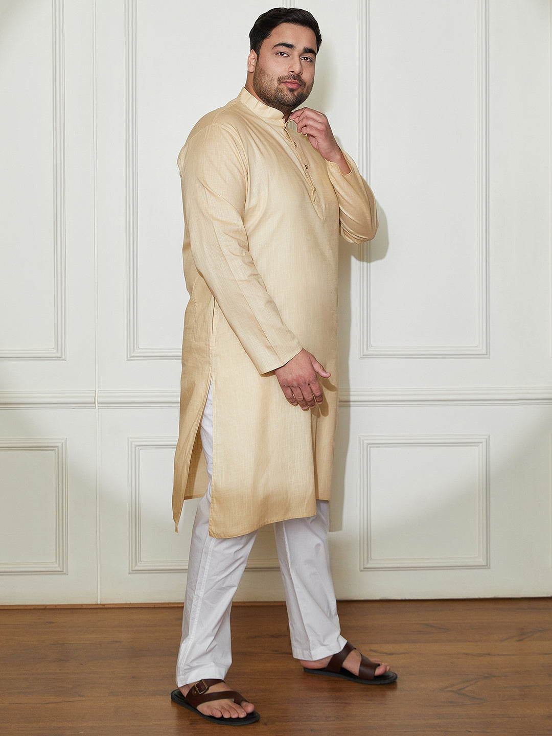 Plus Men's Beige And White Cotton Linen Kurta Pyjama Set