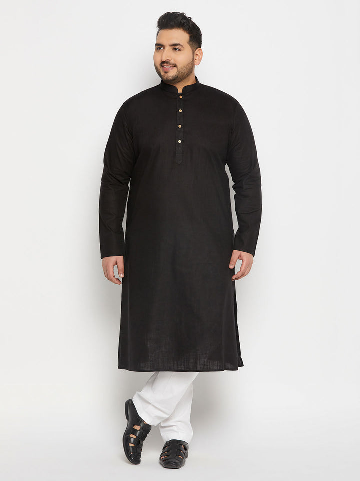 Men's Plus Size Black Cotton Kurta And Cotton Pant Style Pyjama Set