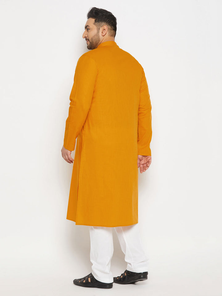 Men's Plus Size Mustard Cotton Kurta And Cotton Pant Style Pyjama Set