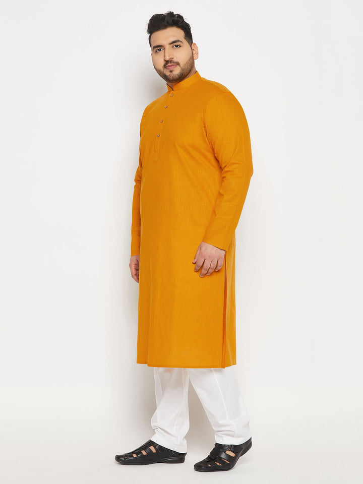 Men's Plus Size Mustard Cotton Kurta And Cotton Pant Style Pyjama Set