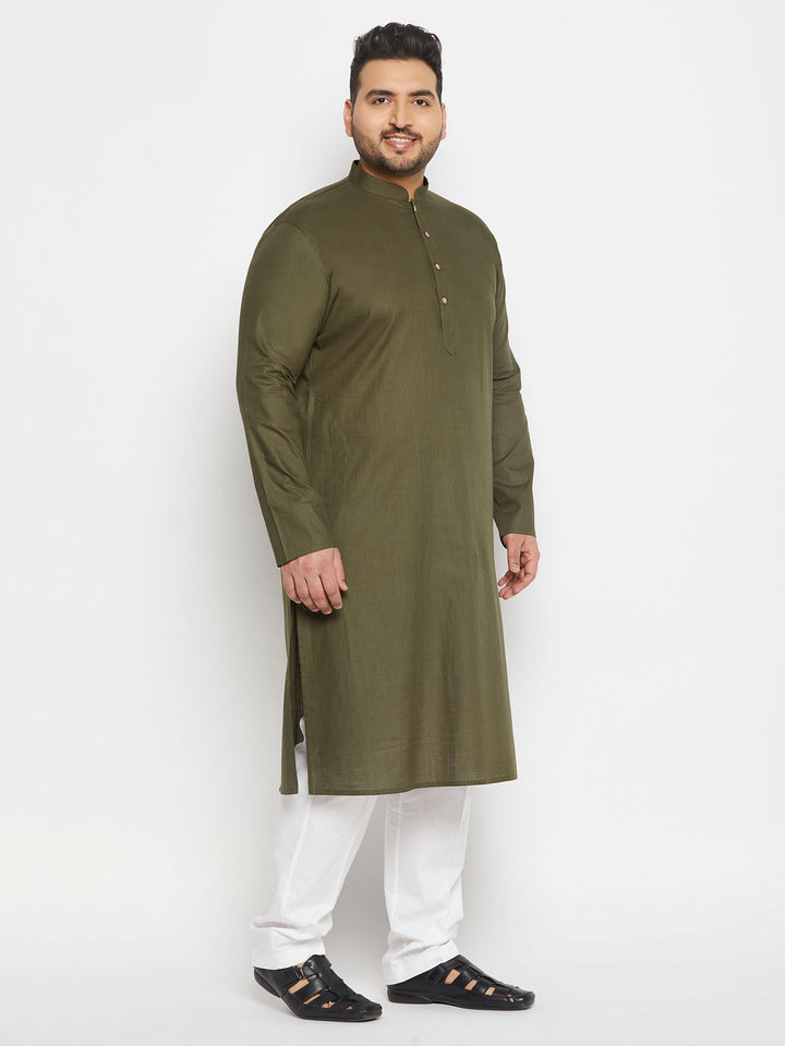 Men's Plus Size Mehndi Green Cotton Kurta And Cotton Pant Style Pyjama Set