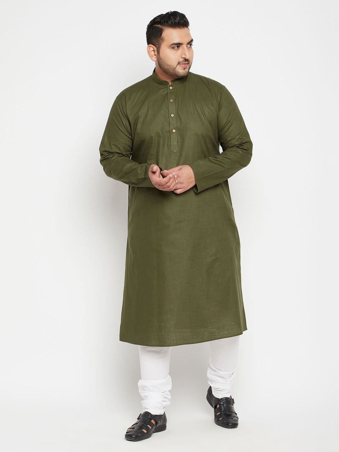Men's Plus Size Mahendi Green And White Cotton Blend Kurta Pyjama Set