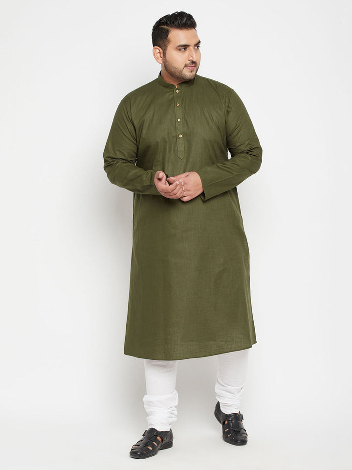 Men's Plus Size Mahendi Green And White Cotton Blend Kurta Pyjama Set