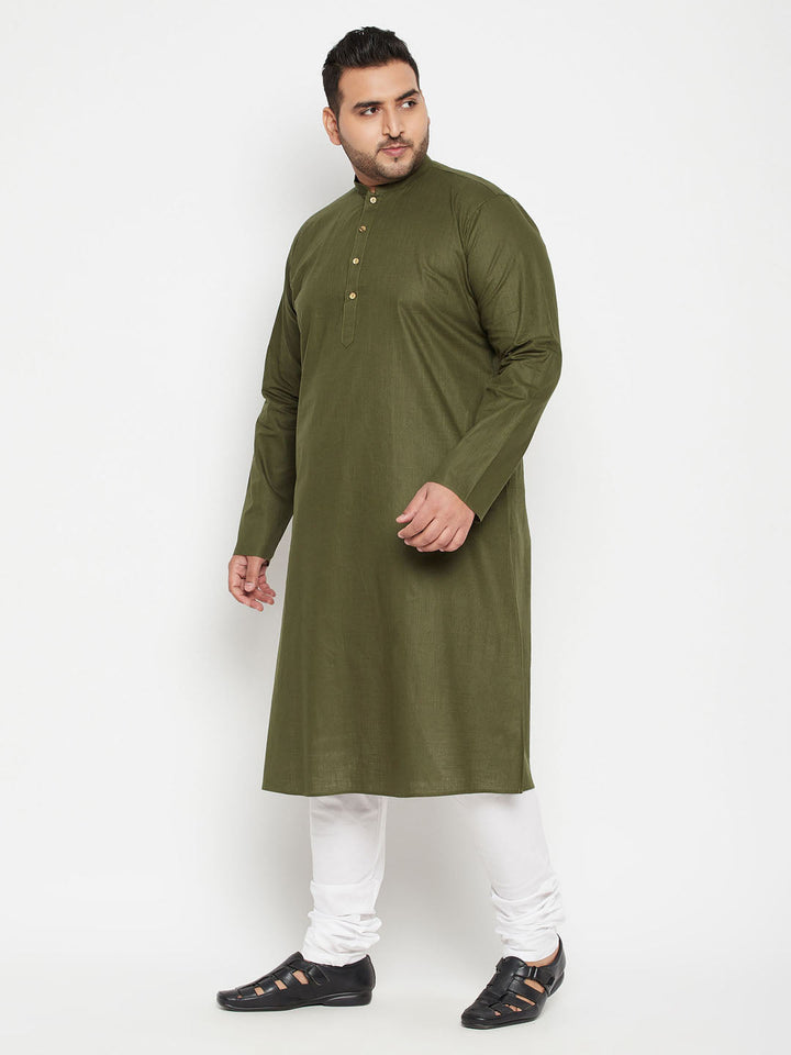 Men's Plus Size Mahendi Green And White Cotton Blend Kurta Pyjama Set