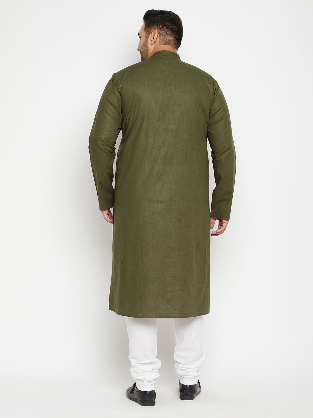 Men's Plus Size Mahendi Green And White Cotton Blend Kurta Pyjama Set