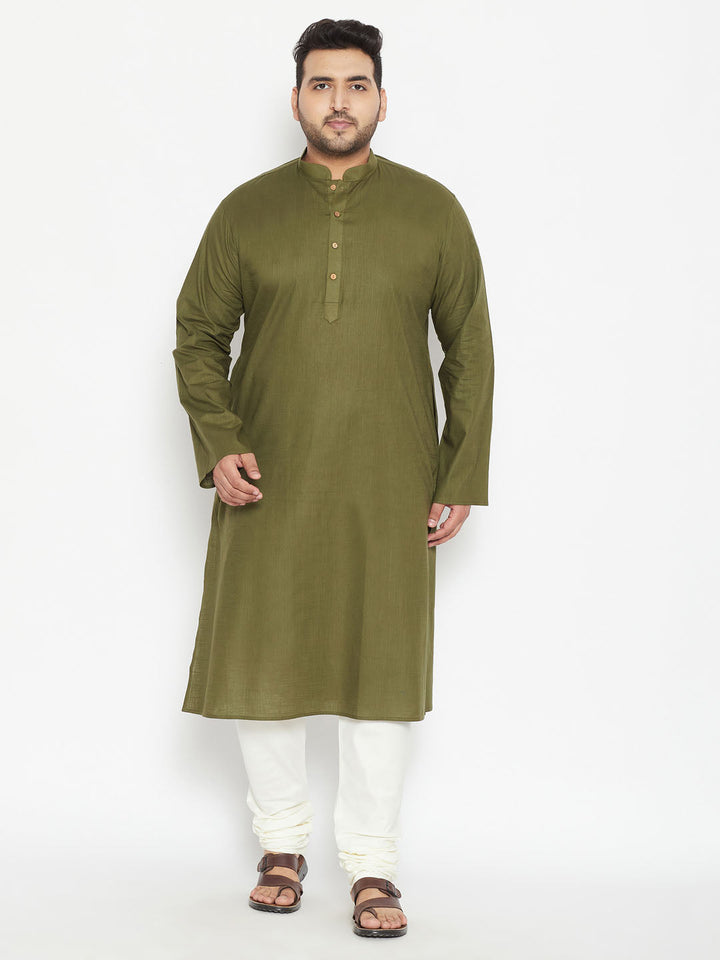 Men's Plus Size Mehendi Green And Cream Cotton Blend Kurta Pyjama Set