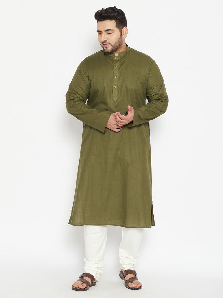 Men's Plus Size Mehendi Green And Cream Cotton Blend Kurta Pyjama Set