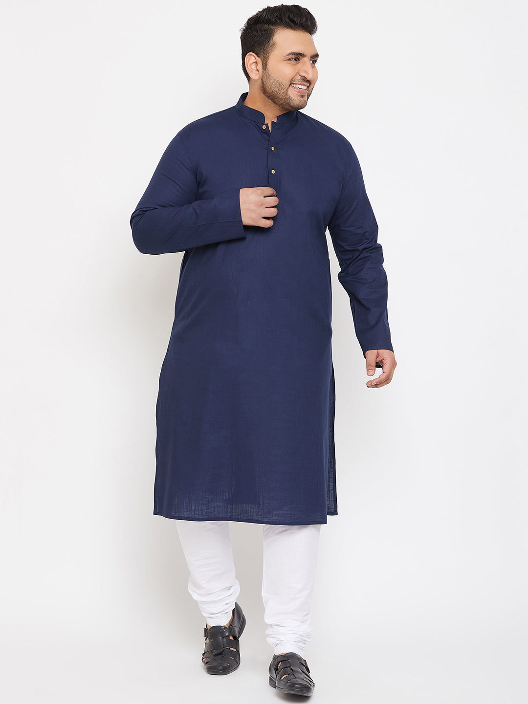 Men's Plus Size Navy Blue Cotton Kurta And Pyjama Set