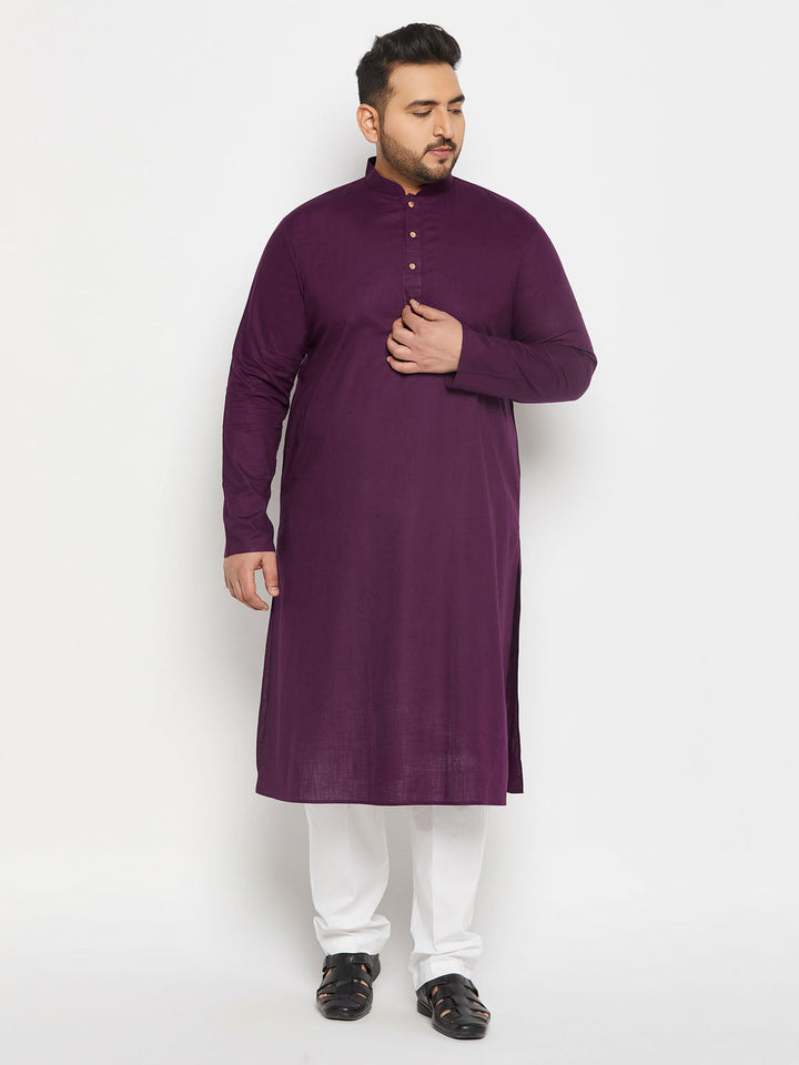 Men's Plus Size Purple Cotton Kurta And Cotton Pant Style Pyjama Set
