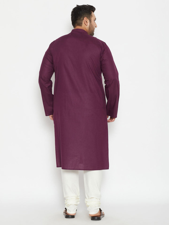 Men's Plus Size Purple And Cream Cotton Blend Kurta Pyjama Set