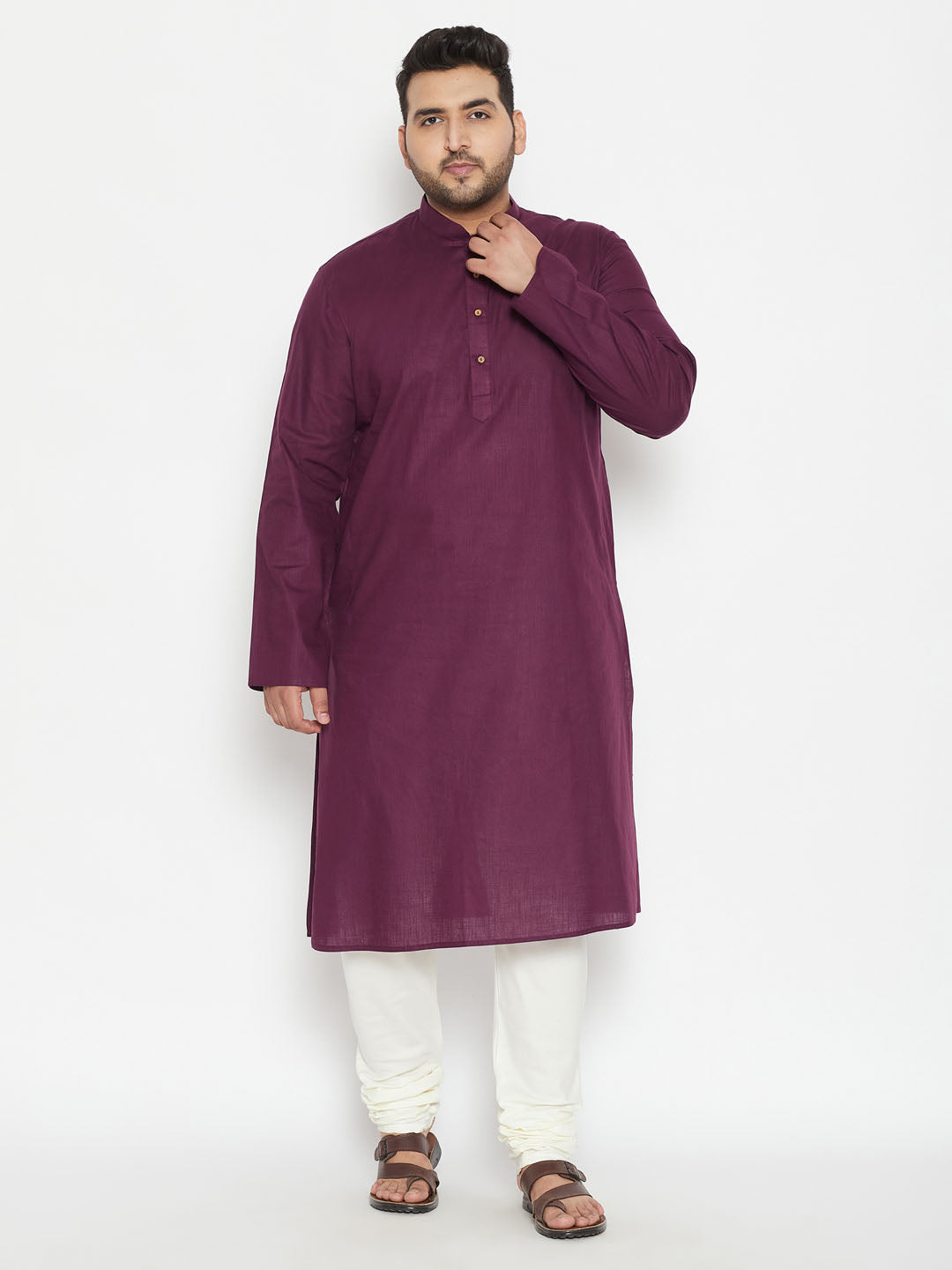 Men's Plus Size Purple And Cream Cotton Blend Kurta Pyjama Set