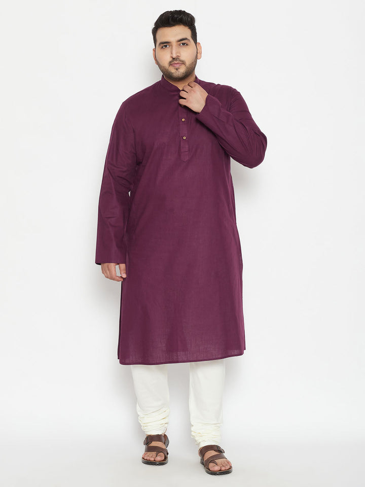 Men's Plus Size Purple And Cream Cotton Blend Kurta Pyjama Set