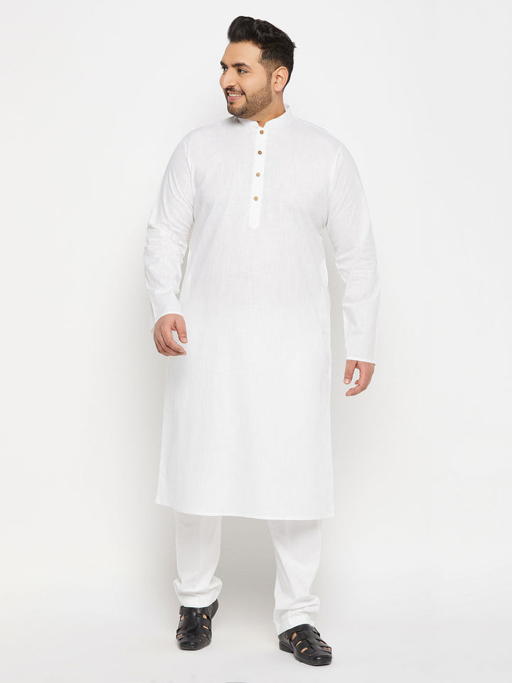 Men's Plus Size White Cotton Kurta And Cotton Pant Style Pyjama Set