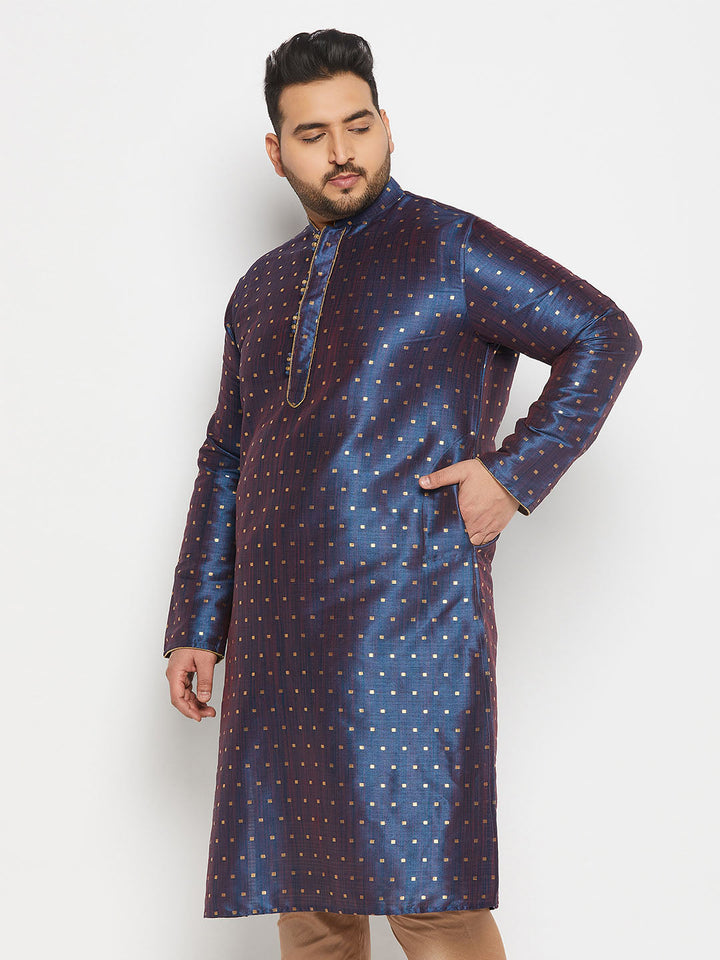 Men's Plus Size Navy Blue Zari Weaved Kurta