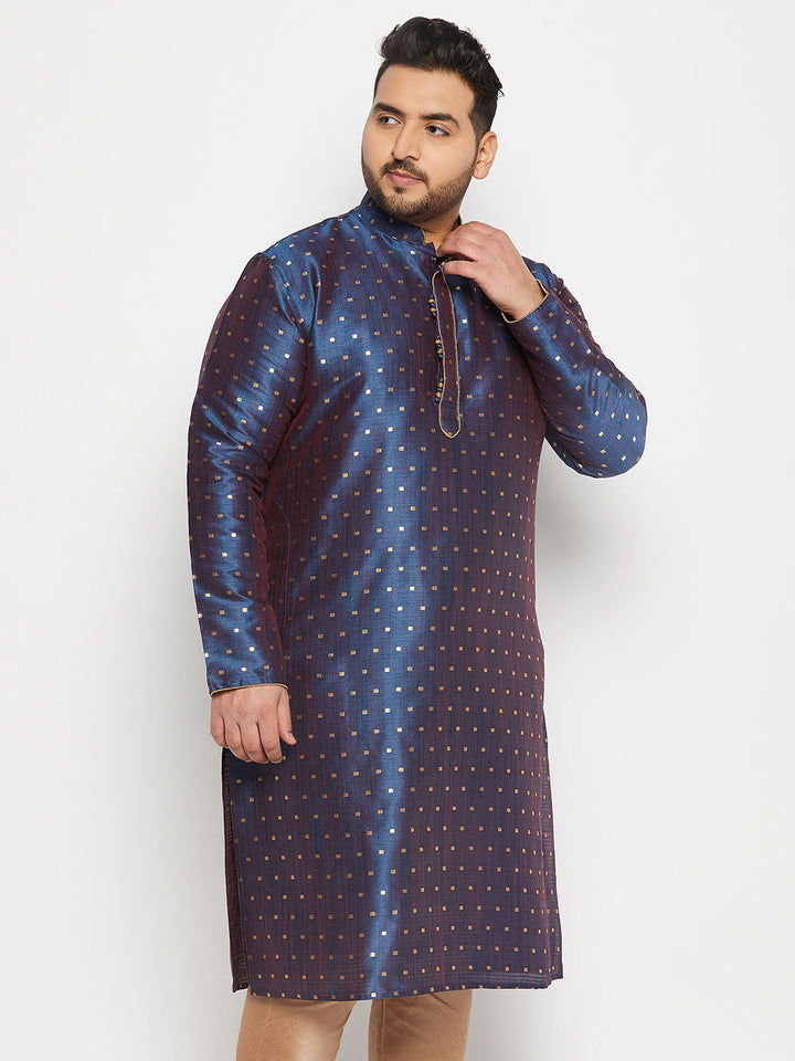 Men's Plus Size Navy Blue Zari Weaved Kurta