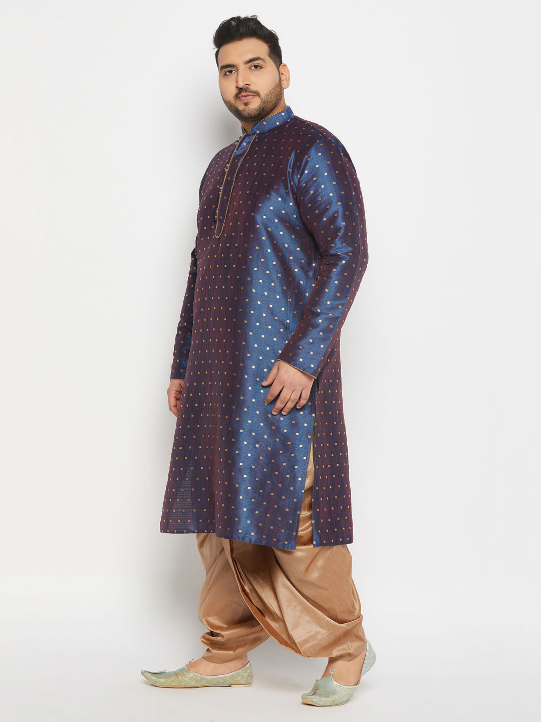Men's Plus Size Navy Blue Zari Weaved Kurta Dhoti Set