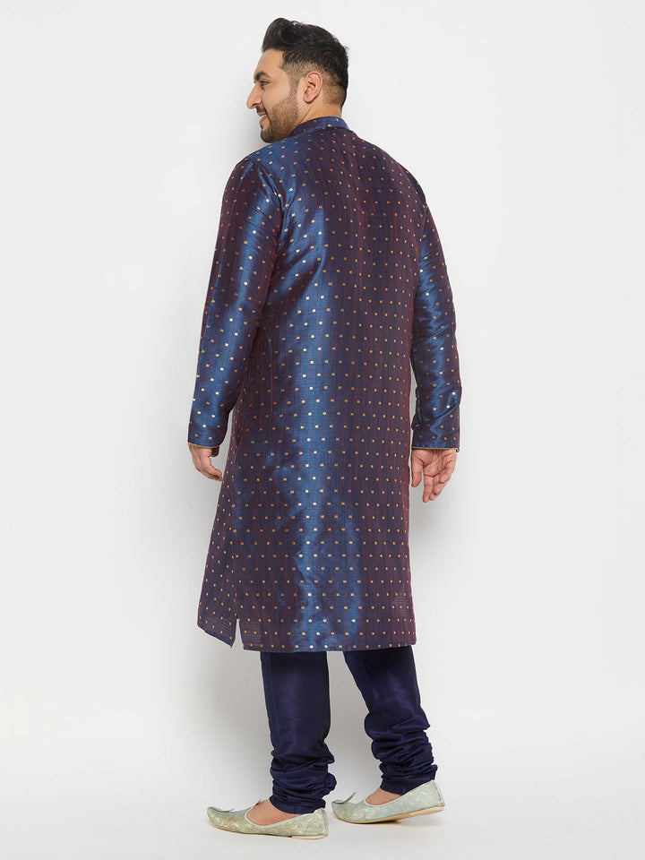 Men's Plus Size Navy Blue Zari Weaved Kurta Pyjama Set