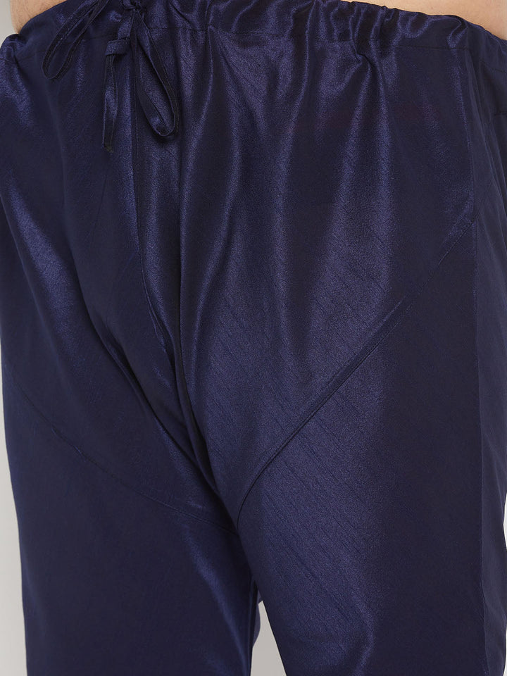 Men's Plus Size Navy Blue Zari Weaved Kurta Pyjama Set