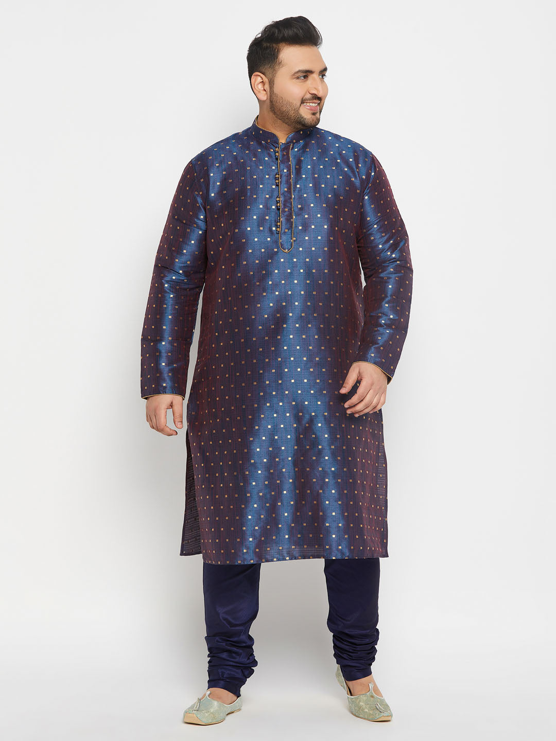 Men's Plus Size Navy Blue Zari Weaved Kurta Pyjama Set