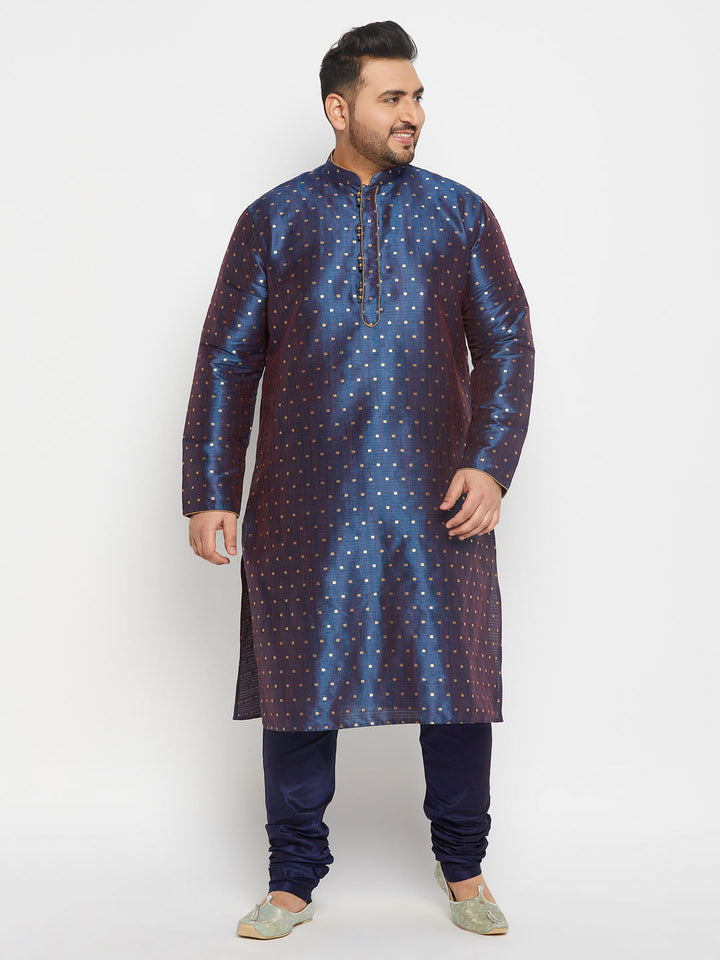 Men's Plus Size Navy Blue Zari Weaved Kurta Pyjama Set