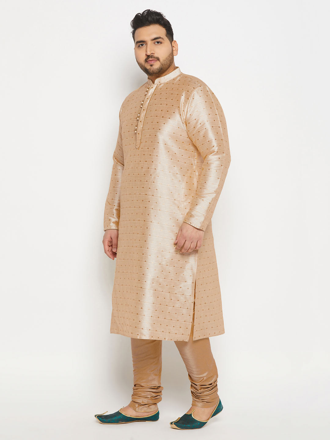 Men's Plus Size Gold Zari Weaved Kurta Pyjama Set