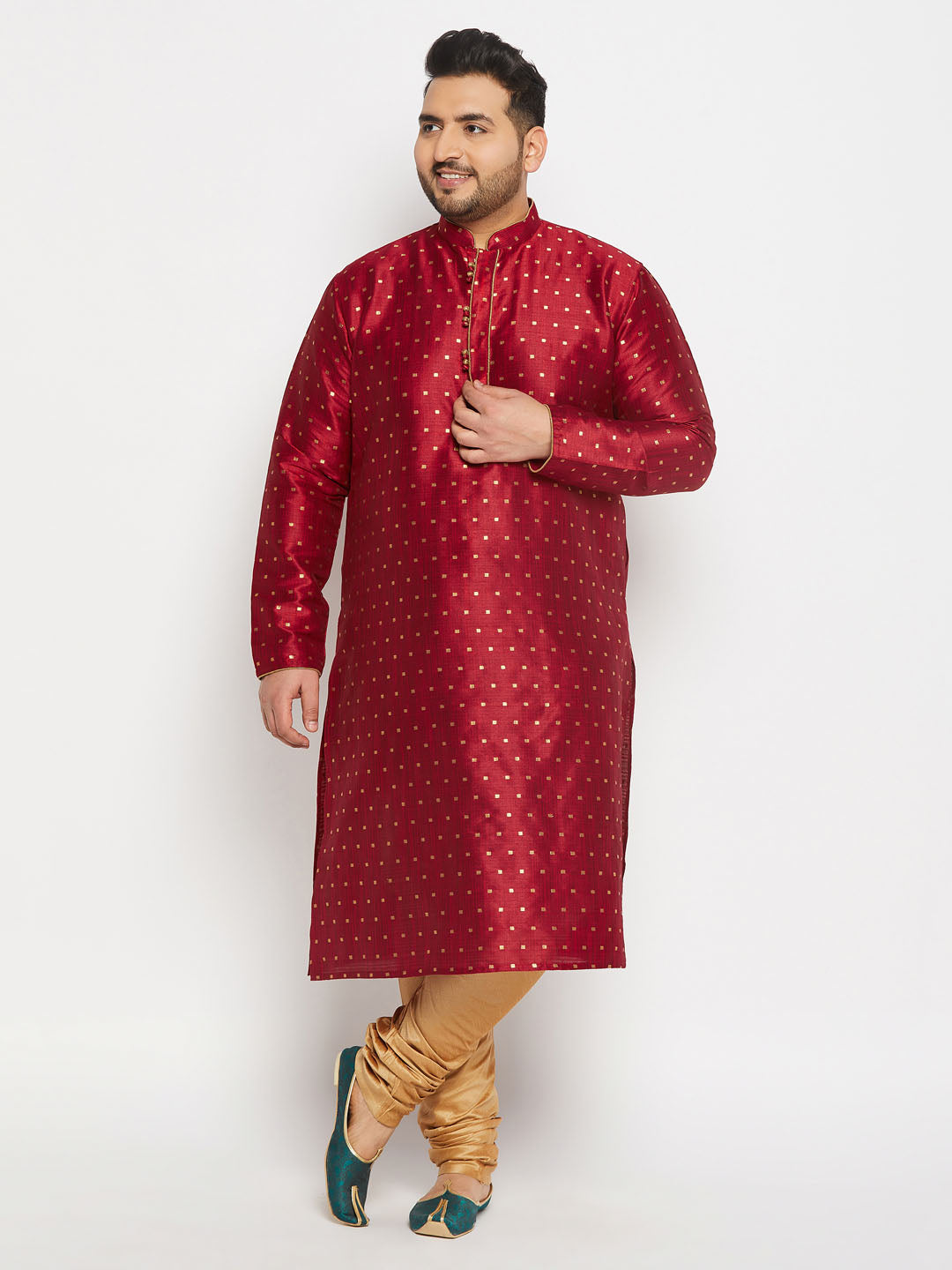 Men's Plus Size Maroon Zari Weaved Kurta Pyjama Set