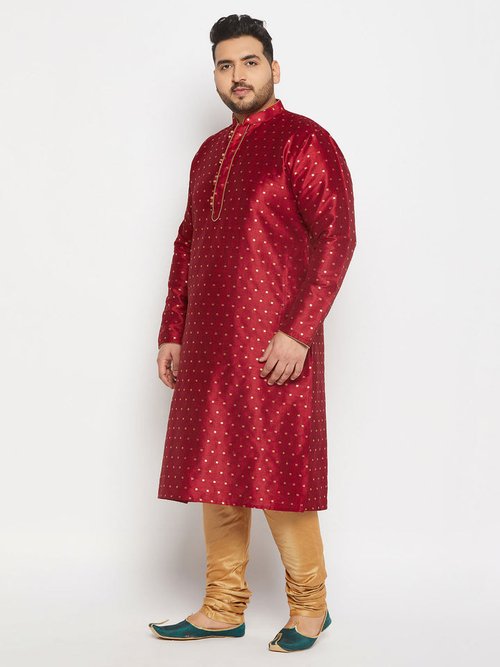 Men's Plus Size Maroon Zari Weaved Kurta Pyjama Set