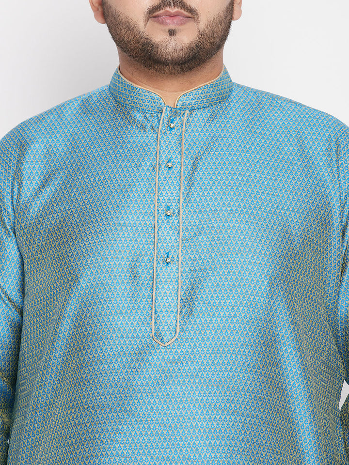Men's Plus Size Aqua Blue Woven Kurta And Rose Gold Dhoti Set