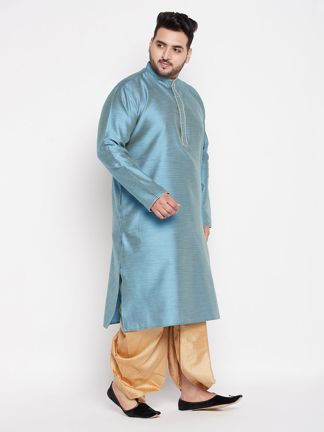 Men's Plus Size Aqua Blue Woven Kurta And Rose Gold Dhoti Set