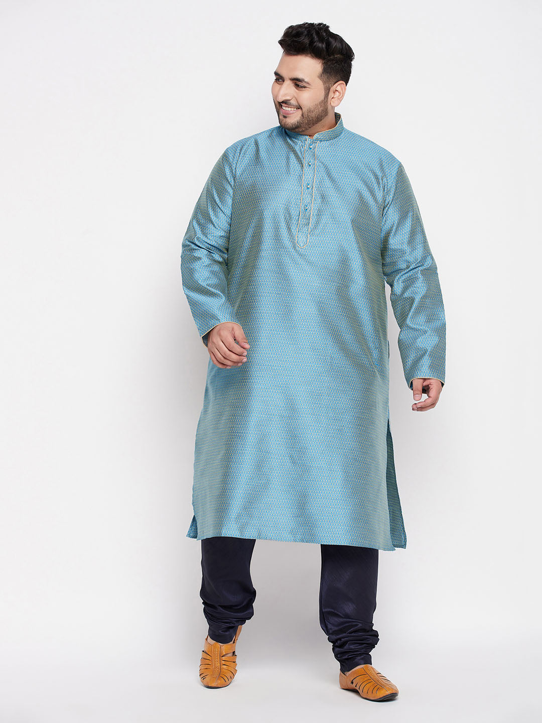 Men's Plus Size Aqua Blue Woven Kurta And Navy Blue Pyjama Set