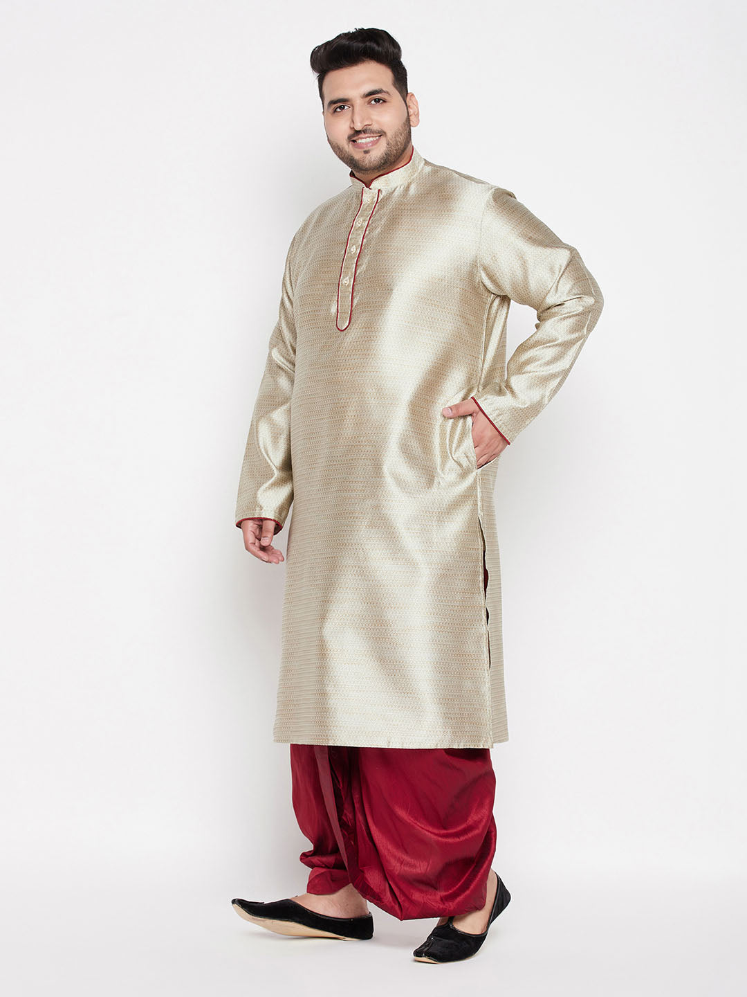 Men's Plus Size Beige Woven Kurta And Maroon Dhoti Set