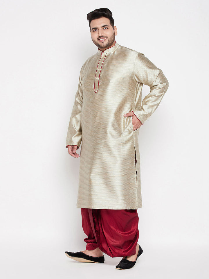 Men's Plus Size Beige Woven Kurta And Maroon Dhoti Set