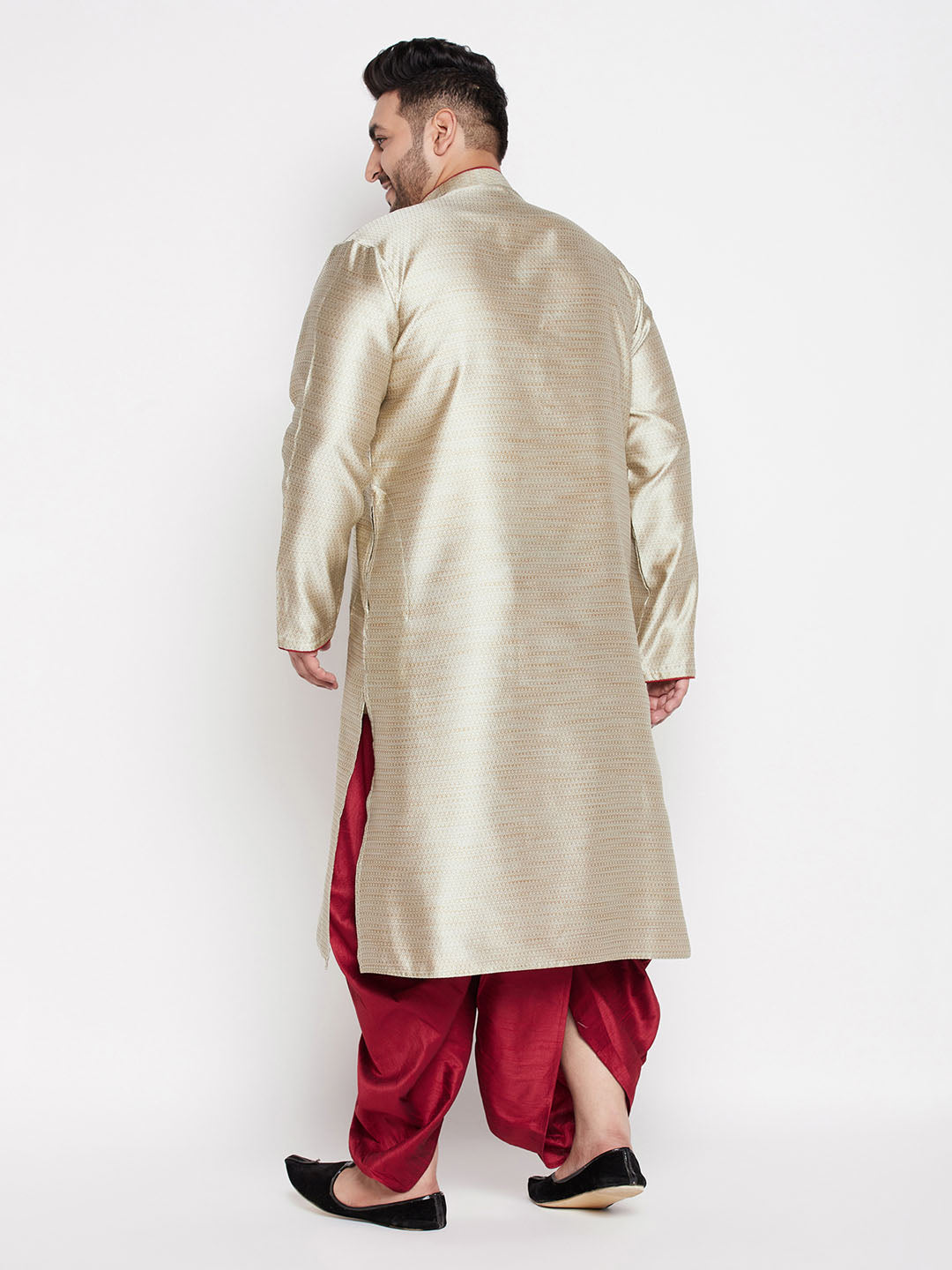 Men's Plus Size Beige Woven Kurta And Maroon Dhoti Set
