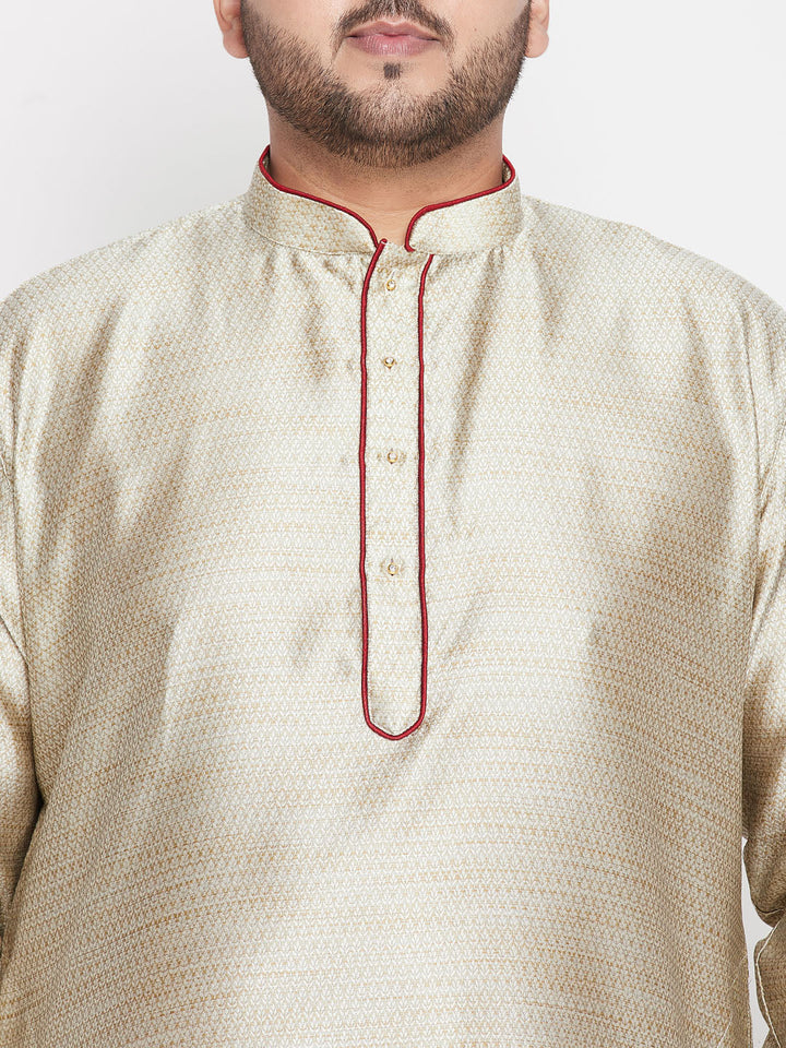 Men's Plus Size Beige Woven Kurta And Maroon Dhoti Set