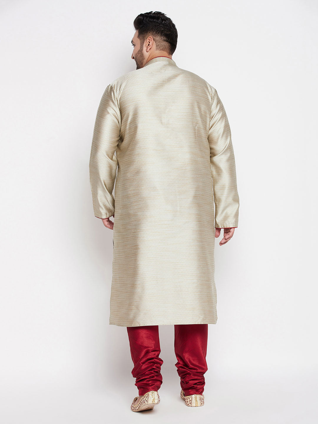 Men's Plus Size Beige Woven Kurta And Maroon Pyjama Set
