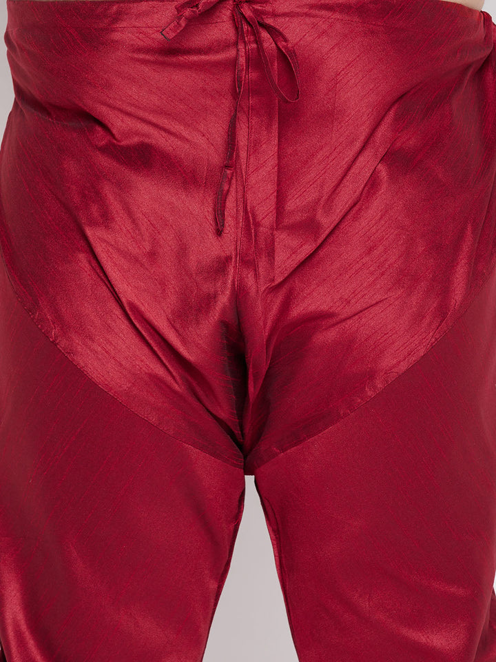 Men's Plus Size Beige Woven Kurta And Maroon Pyjama Set