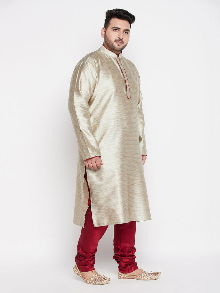 Men's Plus Size Beige Woven Kurta And Maroon Pyjama Set