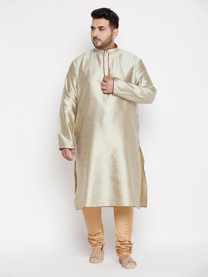 Men's Plus Size Beige Woven Kurta And Rose Gold Pyjama Set