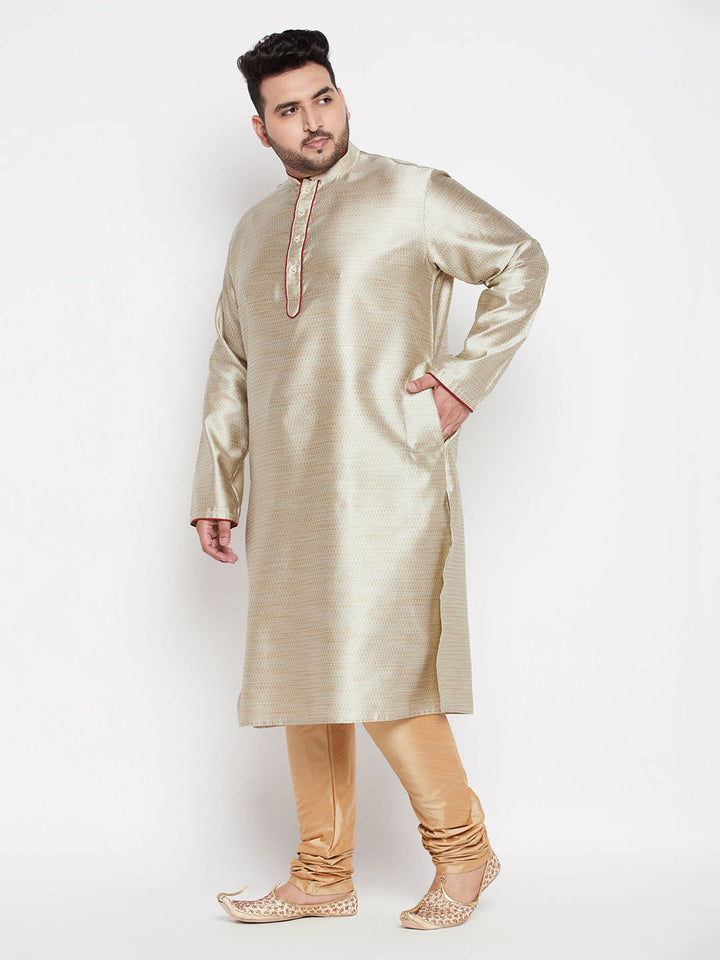 Men's Plus Size Beige Woven Kurta And Rose Gold Pyjama Set
