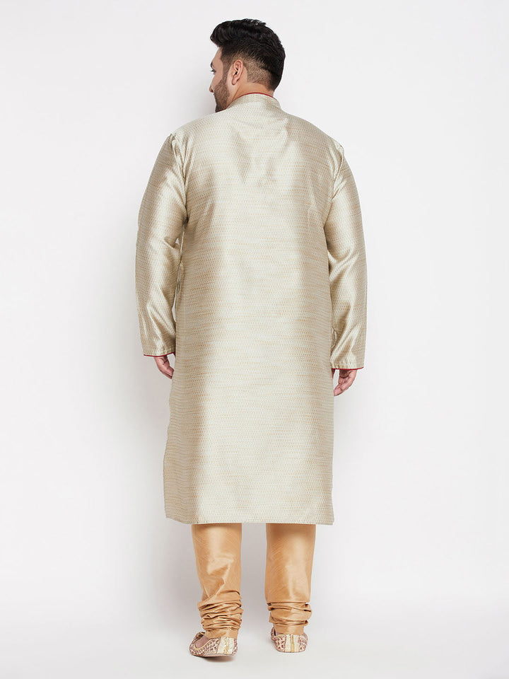 Men's Plus Size Beige Woven Kurta And Rose Gold Pyjama Set