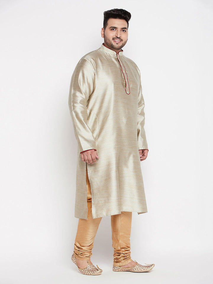 Men's Plus Size Beige Woven Kurta And Rose Gold Pyjama Set
