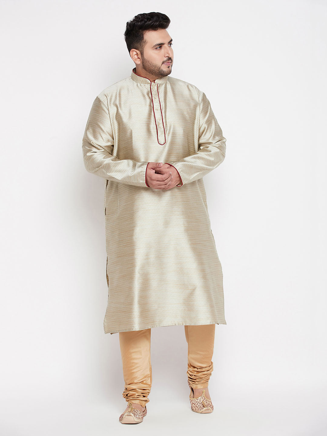 Men's Plus Size Beige Woven Kurta And Rose Gold Pyjama Set