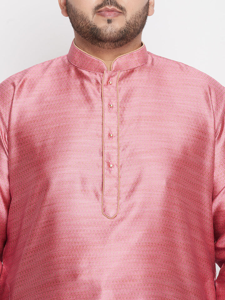 Men's Plus Size Pink Woven Kurta And Maroon Pyjama Set
