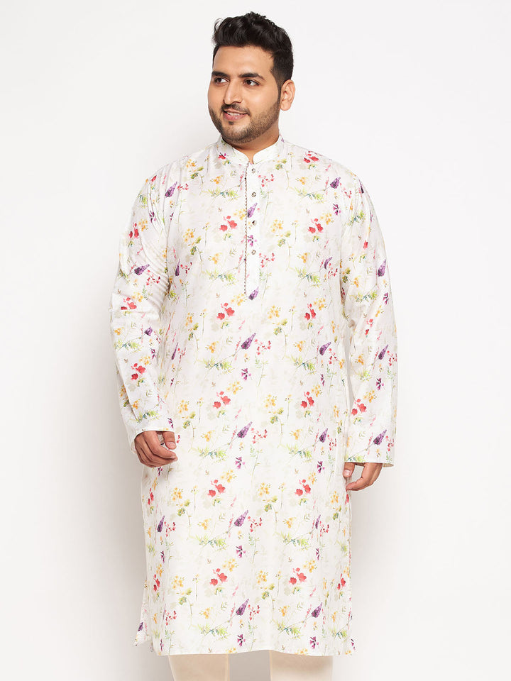 Men's Plus Size Cream Cotton Blend Printed Kurta