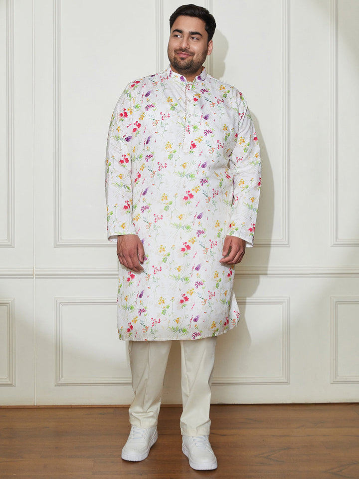 Plus Men's Cream Cotton Blend Kurta And Pyjama Set