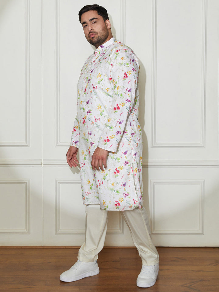 Plus Men's Cream Cotton Blend Kurta And Pyjama Set